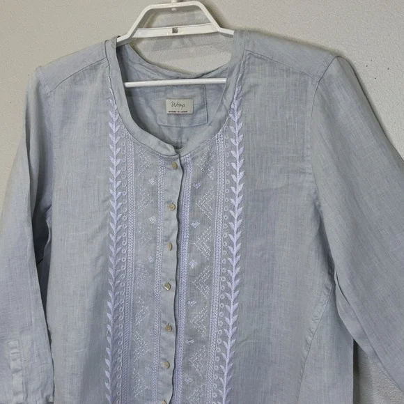 Wrap Top Womens Size US 12 Gray Linen Embroidered Front Button Front 3/4 Sleeve - Picture 2 of 8